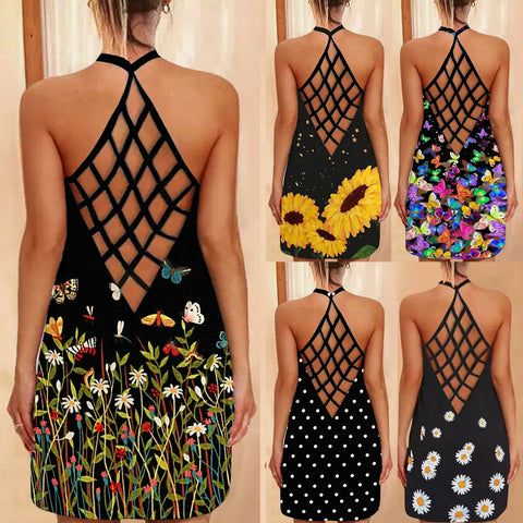 Womens Sunflower Print Mini Dress Helter O-neck Sleeveless Tank Sexy Blouse Vest Dress Backless Hollow Out Beach Dresses Vestido