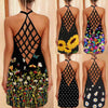 Womens Sunflower Print Mini Dress Helter O-neck Sleeveless Tank Sexy Blouse Vest Dress Backless Hollow Out Beach Dresses Vestido