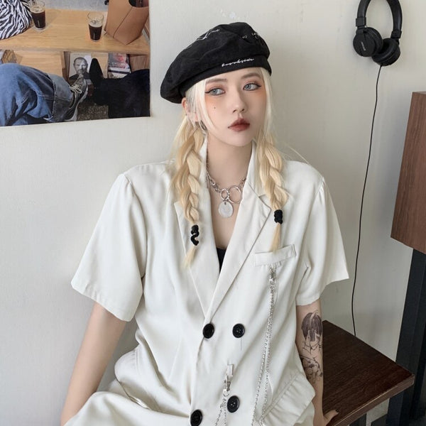 Womens Thin Blazer Jackets with Chain for Korean Trends Gothic Clothing Teenage Loose Streetwear Short Sleeve Suit Tops