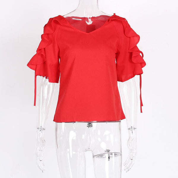 Womens Tops And Blouses 2022 Chiffon V Neck Ruffle Puff Sleeve Blouse Ladies Summer Casual High Street Lace Up Red Shirts