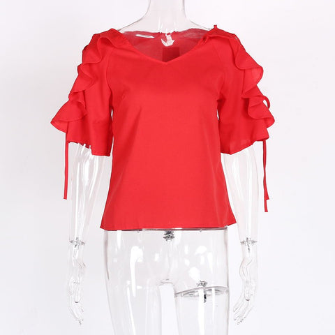 Womens Tops And Blouses 2022 Chiffon V Neck Ruffle Puff Sleeve Blouse Ladies Summer Casual High Street Lace Up Red Shirts