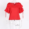 Womens Tops And Blouses 2022 Chiffon V Neck Ruffle Puff Sleeve Blouse Ladies Summer Casual High Street Lace Up Red Shirts