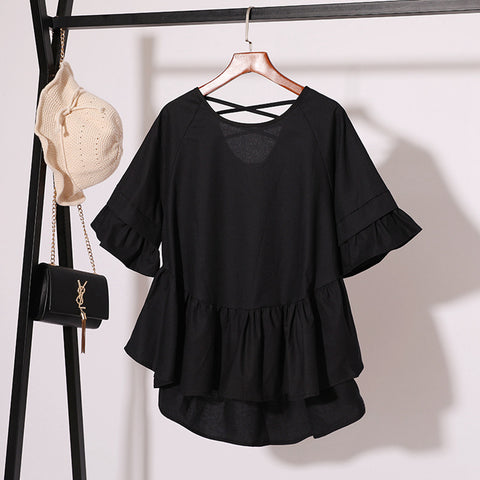 Womens Tops Blouses 2022 Summer Korean Style Shirt Female Cotton Short-sleeved Loose Large Size Ruffled Blouse Roupa Feminina