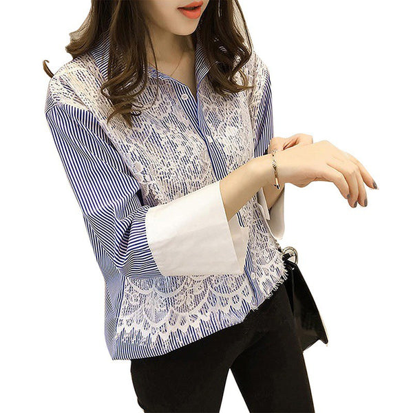 Womens Tops Fashion Blue Striped Lace Shirt Women Long Sleeve Blouse Korean Style Woman Clothes