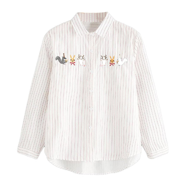 Womens Tops and Long Sleeve Blouses 2022 Elegant Striped Animal Embroidery Shirts Ladies Top Korean Fashion Womens Clothing
