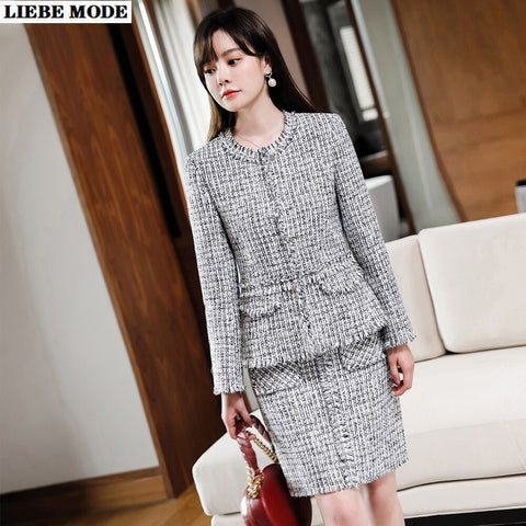 Womens Winter Tweed 2 Piece Skirt Suit Blazer and Skirt Set Office Ladies Formal Skirt Suits Autumn Work Wear Business Outfits