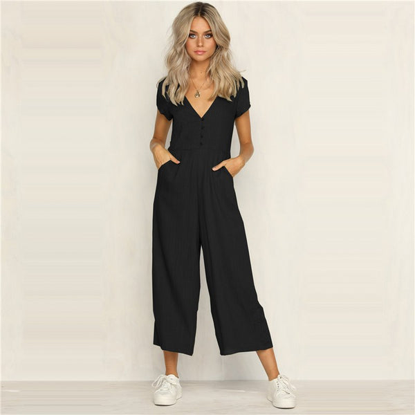 Womens sexy Party Clubwear Short Sleeve Summer Jumpsuit elegant deep V neck loose Romper Chiffon Female Trousers salopette femme