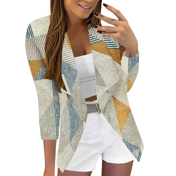 Wool Handmade Coat Coat For Women Casual Print Three Quarter Sleeve Open Front Notched Collar Suit Cardigan Office Ladies Jacket