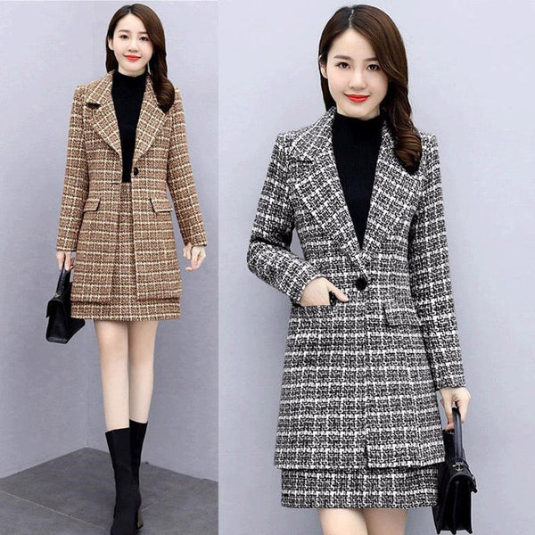 Woolen Suit  Skirt 2023 Women's Autumn And Winter Ladies Temperament Plaid Coat Mid-Length Slim Two Piece Set M2110
