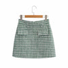 XEASY 2022 Tweed Women Two-piece Set Green Plaid Vintage Office lady Double Breasted Blazer Female Slim High Waist Skirt Suit