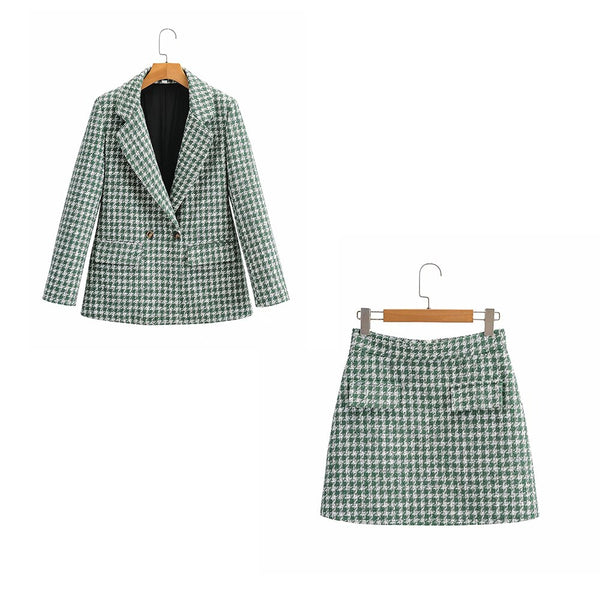 XEASY 2022 Tweed Women Two-piece Set Green Plaid Vintage Office lady Double Breasted Blazer Female Slim High Waist Skirt Suit