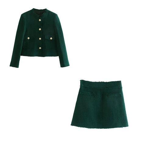 XEASY 2023 Tweed Women Two-piece Set Green Vintage Office Lady Single Breasted Blazer Female Casual Slim High Waist Skirt Suit