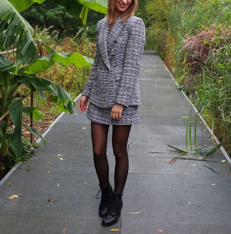 XEASY 2023 Tweed Women Two-piece Set Plaid Vintage Office Lady Double Breasted Blazer Female High Waist Shorts Skirt Suits