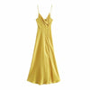 XEASY 2022 Women Satin Midi Dress Yellow Slip Summer Dress Vintage Button decoration Female Elegant Night Sexy Dresses Vestidos