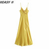 XEASY 2022 Women Satin Midi Dress Yellow Slip Summer Dress Vintage Button decoration Female Elegant Night Sexy Dresses Vestidos