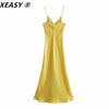 XEASY 2022 Women Satin Midi Dress Yellow Slip Summer Dress Vintage Button decoration Female Elegant Night Sexy Dresses Vestidos