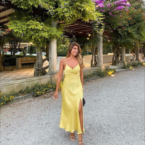 XEASY 2022 Women Satin Midi Dress Yellow Slip Summer Dress Vintage Button decoration Female Elegant Night Sexy Dresses Vestidos