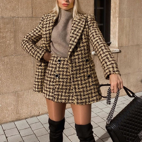 XEASY 2023 Women Tweed Two-piece Set Plaid Vintage Office Lady Double Breasted Blazer Female Slim High Waist Shorts Skirt Suit