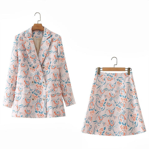 XEASY 2023 Women Two-piece Set Flower Print Vintage Office Lady Double Breasted Blazer Female Slim High Waist Skirt Suits