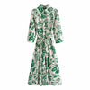 XEASY Summer Women Beach Style Green Floral Print Bow Sashes Midi Lapel Dress Female Chic Long Sleeve Casual Thin Slim Dresses