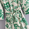 XEASY Summer Women Beach Style Green Floral Print Bow Sashes Midi Lapel Dress Female Chic Long Sleeve Casual Thin Slim Dresses