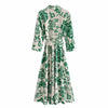 XEASY Summer Women Beach Style Green Floral Print Bow Sashes Midi Lapel Dress Female Chic Long Sleeve Casual Thin Slim Dresses