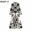 XEASY Women 2022  Totem Print With Belt Midi Shirt Dress Vintage Three Quarter Sleeve Single-Breast Female Dresses Mujer