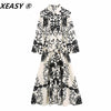 XEASY Women 2022  Totem Print With Belt Midi Shirt Dress Vintage Three Quarter Sleeve Single-Breast Female Dresses Mujer