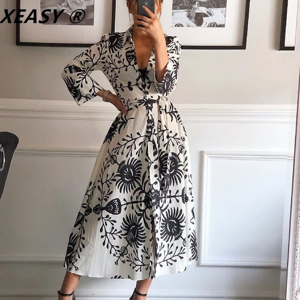 XEASY Women 2022  Totem Print With Belt Midi Shirt Dress Vintage Three Quarter Sleeve Single-Breast Female Dresses Mujer