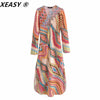XEASY Women 2022 With Drawstring Printed Midi Dress Vintage Long Sleeve Side Vents Chic Female Dresses Vestidos Mujer