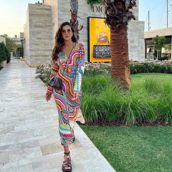 XEASY Women 2022 With Drawstring Printed Midi Dress Vintage Long Sleeve Side Vents Chic Female Dresses Vestidos Mujer