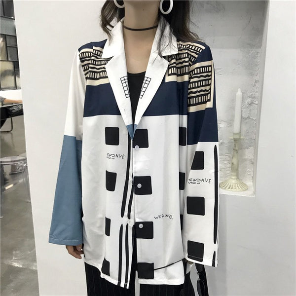 [XITAO] Korea Autumn New Fashion Women Geometric Pattern Print Shirts Female Full Sleeve Turn-Down Collar Blouses GWY1907