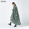 XITAO Spring Vintage Flowers Print Dress Casual Splicing Women Long Sleeve Pullover Temperament All-match ZY4674