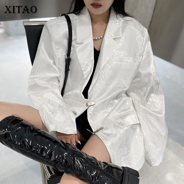 XITAO White Blazer Women Full Sleeve Pocket Single Breast 2022 Minority Goddess Fan Casual Loose Coat WMD2245