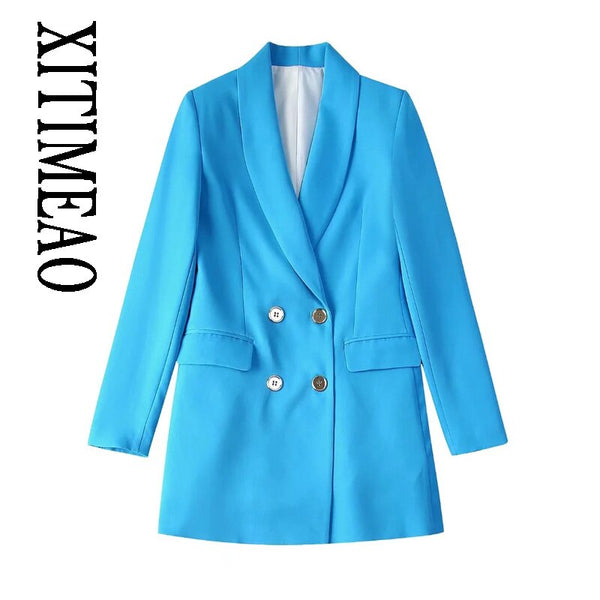 XITIMEAO Women Double Breasted Fitted Blazer Coat Vintage Long Sleeve Flap Pockets Female Outerwear Chic Veste Femme
