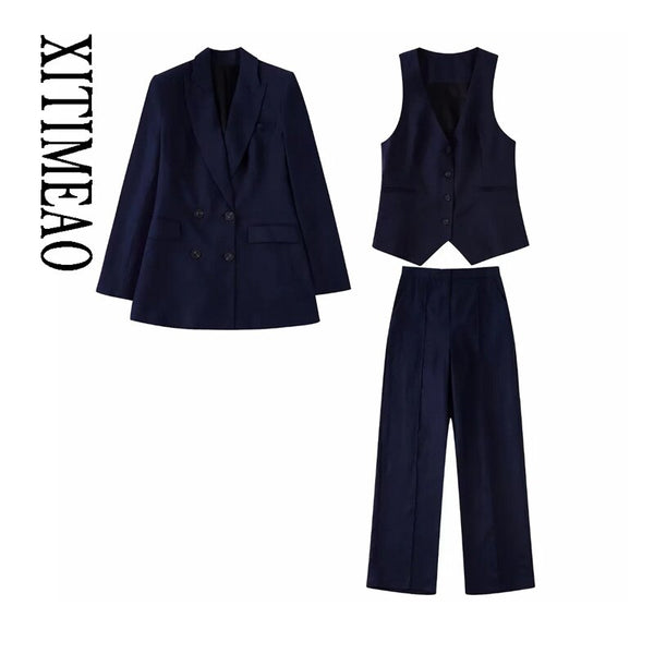 XITIMEAO Women Double Breasted Linen Blazer Coat Vintage Long Sleeve Flap Pockets Female Outerwear Chic Veste Femme