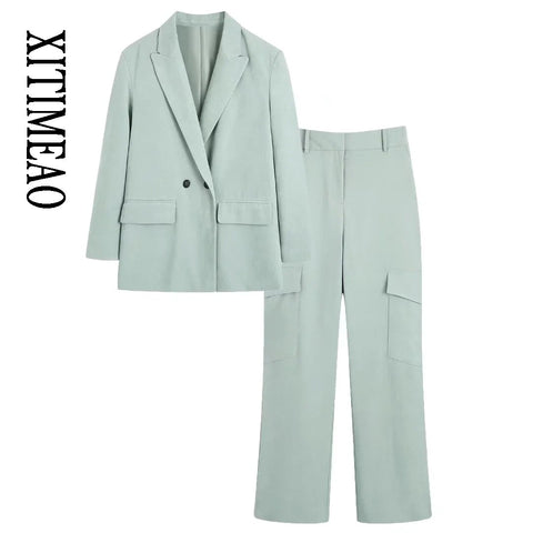 XITIMEAO Women Double Breasted Loose Blazer Coat Vintage Long Sleeve Flap Pockets Female Outerwear Chic Veste Femme