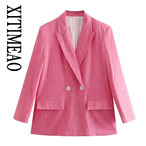 XITIMEAO Women Double Breasted Loose Blazer Coat Vintage Long Sleeve Flap Pockets Female Outerwear Chic Veste Femme