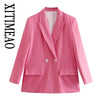 XITIMEAO Women Double Breasted Loose Blazer Coat Vintage Long Sleeve Flap Pockets Female Outerwear Chic Veste Femme