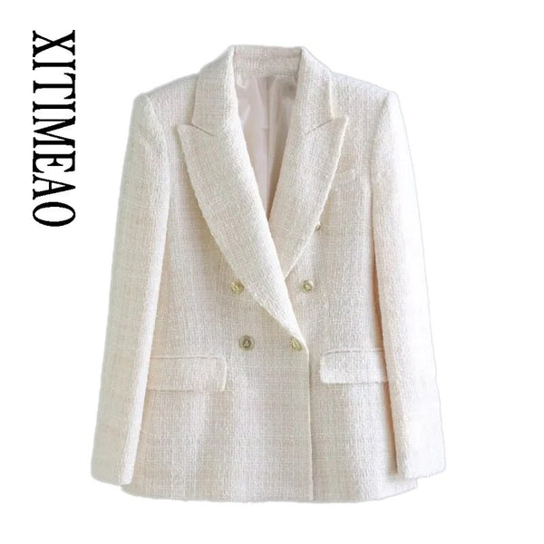 XITIMEAO Women Tweed Double Breasted Blazer Coat Vintage Long Sleeve Flap Pockets Female Outerwear Chic Veste Femme