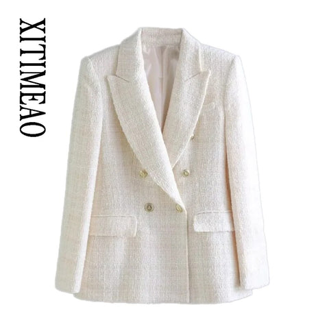 XITIMEAO Women Tweed Double Breasted Blazer Coat Vintage Long Sleeve Flap Pockets Female Outerwear Chic Veste Femme