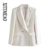 XITIMEAO Women Tweed Double Breasted Blazer Coat Vintage Long Sleeve Flap Pockets Female Outerwear Chic Veste Femme