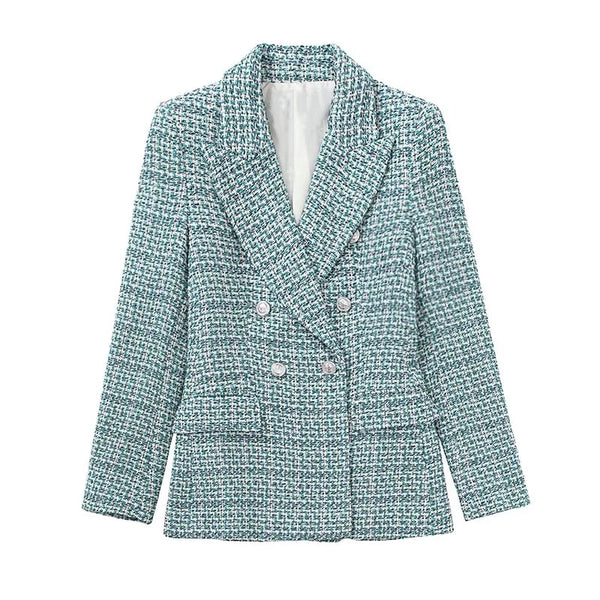 XITIMEAO Women Tweed Double Breasted Blazer Coat Vintage Long Sleeve Flap Pockets Female Outerwear Chic Veste Femme