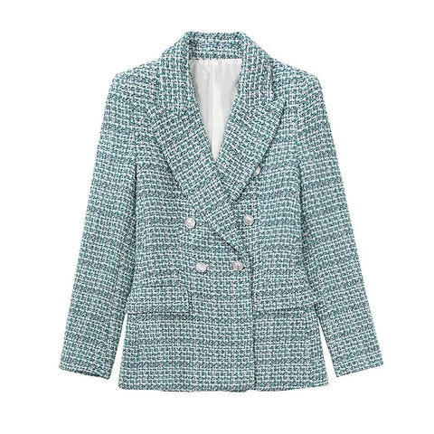 XITIMEAO Women Tweed Double Breasted Blazer Coat Vintage Long Sleeve Flap Pockets Female Outerwear Chic Veste Femme