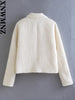 XNWMNZ 2023 Women Textured Double Breasted Short Blazer Jacket Woman Retro Pockets Casual Female Chic Jacket