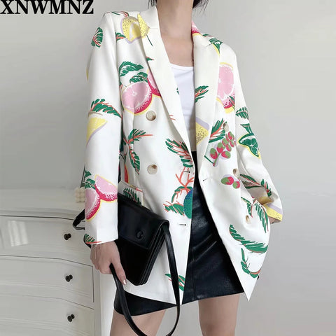 XNWMNZ Blazer Women 2023 Double Breasted Fruit Print Blazer Coat Vintage Long Sleeve Female Outerwear Chic Tops