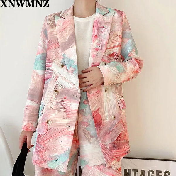 XNWMNZ Women Printed Mixed Color Double Breasted Blazer Lapel Long Sleeve Loose Jacket Tide Spring Autumn 2023