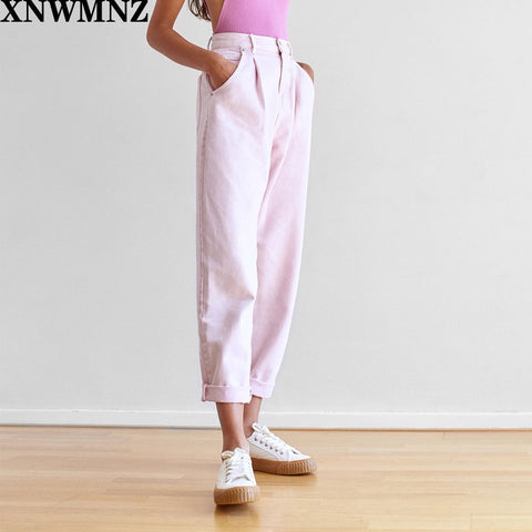 XNWMNZ ZA 2022 women loose harm jeans pants boy friend style long trousers pockets zipper loose high street female pants