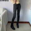 XNWMNZ Za women mid-rise skinny jeans ladies Vintage asymmetric hems Faded mid-waist pants Female girls button trousers