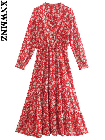 XNWMNZ vestidos elegantes para mujer floral print ruffled midi dress vintage long sleeve elastic waist female dresses